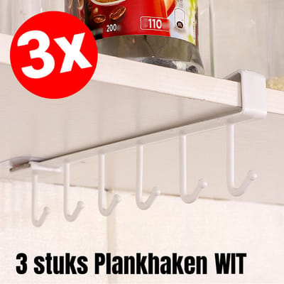 3 STUKS Keuken Opbergrek Keukengerei Ophanghaken Plankhaken Kopjesrek Hangrek Bekerhaken Kledingkast Haken - 27 x 7 cm 3 STUKS Wit