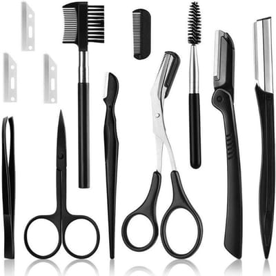 12 STUKS Wenkbrauwtrimmer Set Scharen Pincetten Wenkbrauwscheermesje Schraapkam Wenkbrauwkam Scheermes Wenkbrauwklem Make-up Tools Sets