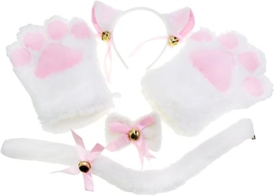 Katten Cosplay Set Pluche Klauwen Handschoenen Kattenoren Staart Halsband Poten Schattig Schattig Feestkostuum Set voor Kinderen en Volwassenen (Wit)
