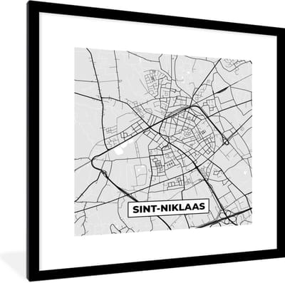 Fotolijst incl. Poster Zwart Wit- België – Sint Niklaas – Stadskaart – Kaart – Zwart Wit – Plattegrond - 40x40 cm - Posterlijst