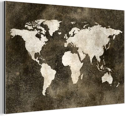 Wanddecoratie Metaal - Aluminium Schilderij Industrieel - Wereldkaart - Vintage - Sepia - 120x80 cm - Dibond - Foto op aluminium - Industriële muurdecoratie - Voor de woonkamer/slaapkamer