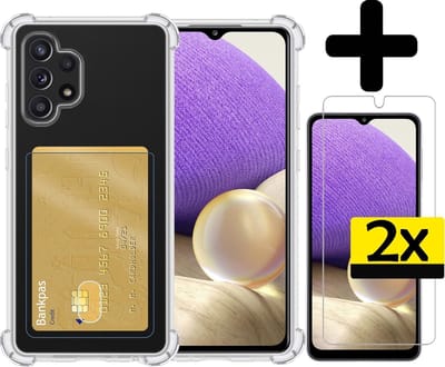 Hoesje - Geschikt voor Samsung Galaxy A32 5G - Met 2x Screenprotector - Pashouder - Kaarthouder - Telefoon Hoes Shockproof - Siliconen Case - Back Cover - Shock Proof - Pasjes Houder - Telefoonhoesjes - Transparant