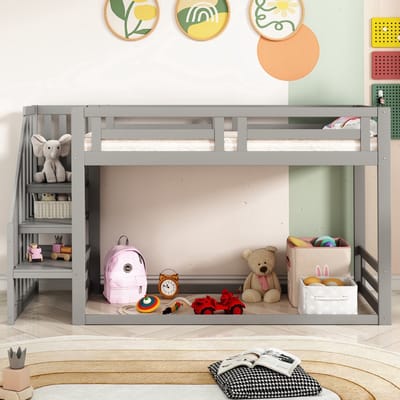 VVBV Kinderstapelbed 90x200 cm - Lattenbodem, Voor Kinderen/Tieners, Trap/Ladder - Massief Hout Grijs