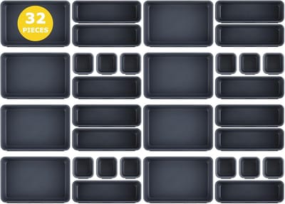 Thijox - Lade-organizerset 32-delig, verstelbaar opbergsysteem voor keuken, bureau en badkamer, antislip organizer box in 3 maten, PP-kunststof