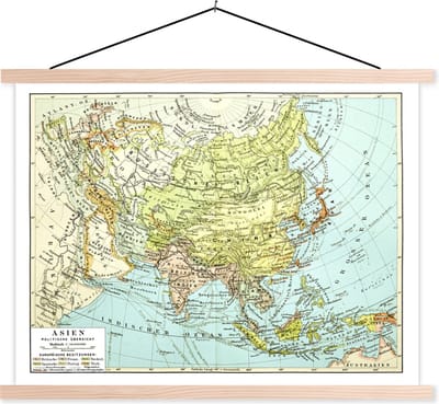 Schoolplaat - Textielposter - Klassieke wereldkaart Azië - 120x90 cm - Textiel poster