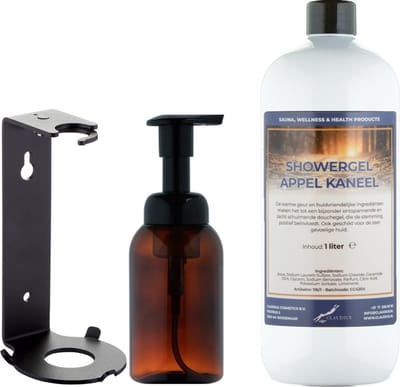 Zeepdispenser 300 ml amber bruin hervulbaar + 1 liter Showergel Appel-Kaneel navulling (inclusief beugel)