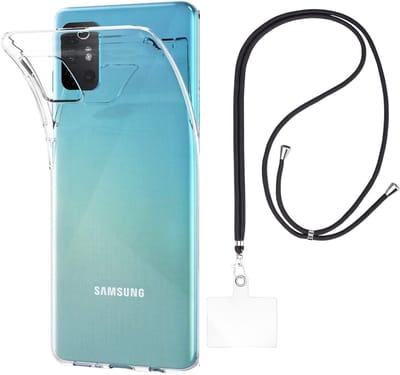 Set met hoesje en nekband voor Samsung Galaxy a71 - Flexibele, transparante TPU-bescherming, verstelbare universele nekband voor mobiele telefoons, zwarte nekband, transparante draagriem van Phonillico®