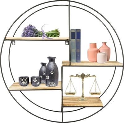 MaxxHome Wandrek rond - Industrieel - Metaal en MDF hout - 4 planken - Zwart metalen rek