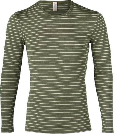 Engel Natur Heren Shirt Lange Mouw Zijde - Bio Merino Wol GOTS Olijfgroen Gestreept 50/52L