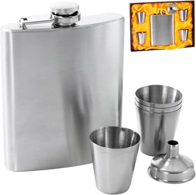 Heupfles met Trechter en Bekers Edelstaal 6 delig - Zakflacon - Veldfles - Zakfles - Drankfles - Gift - Shotglaasjes Set - Shotglazen - Shotglas