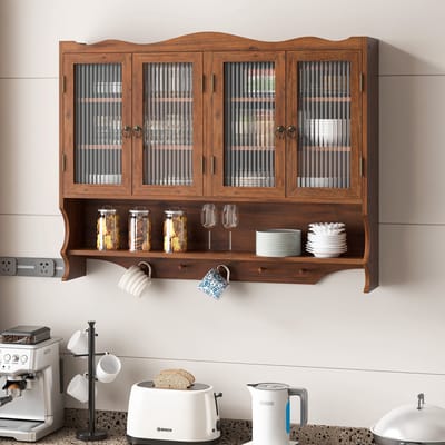 MODFU - Wandkast - 4 Deuren En Open Hakenrek - Wandmontage - Voor Badkamer - Hout En Glas - Bruin - 100 x 20 x 80 cm