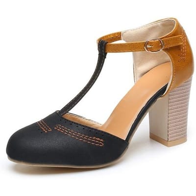 Dames Hak Hoge Schoenen Pumps Vierkant Dames Platform Ronde Neus T-band Vierkante Hak Bruidsschoenen 36