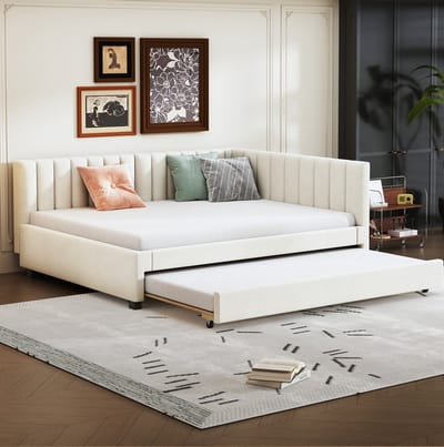 MEUNIQ slaapbank 140x200 cm met uitschuifbed, lattenbodem en gestoffeerd hoofdbord, bedbank voor slaapkamer of logeerkamer, beige