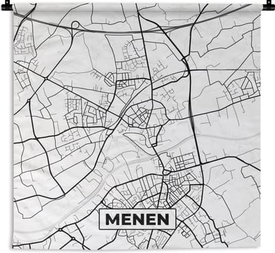 Wandkleed - Wanddoek - Kaart – Plattegrond – Stadskaart – Menen – België – Zwart Wit - 180x180 cm - Wandtapijt