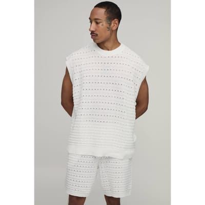 Oversized Open Steek Katoenmix Gebreide Tanktop En Short Set | Ecru | Size XS