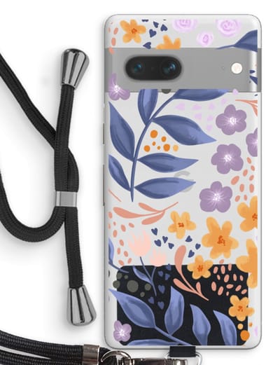 Case Company® - Hoesje met koord geschikt voor Google Pixel 7 hoesje met Koord - Flowers with blue leaves - Telefoonhoesje met Zwart Koord - Bescherming aan alle Kanten en Over de Schermrand