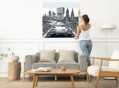 Line art rotterdam schilderij | Rotterdamse skyline in strakke lijnen: een stadse kunstuiting | Kunst - 50x50 centimeter op Dibond | Foto op Dibond
