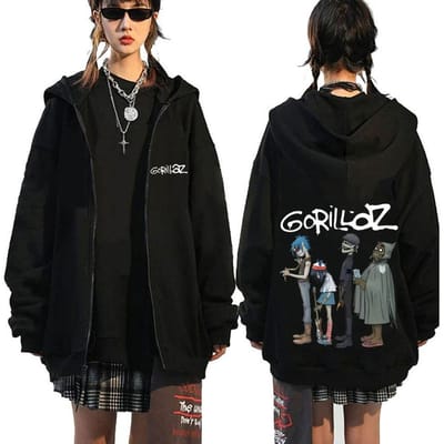 Alternative Rock Band Gorillaz Grafische Rits Hoodie Heren Dames Hip Hop Mode Ritsjas Casual Oversized Rits Sweatshirt XL zwart