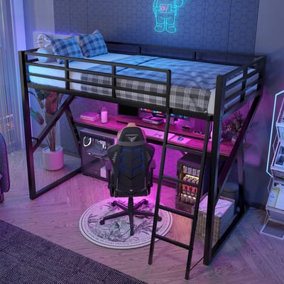 DESMIU Halfhoogslaper 90x200cm – Kinderbed Met Led Verlichting En Bureau – Met Opbergruimte Onder Bed – Voor Jeugdkamer – Metaal En Mdf – Zwart Zonder Matras