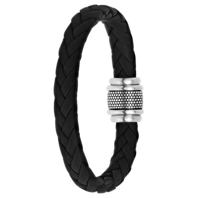 Lucardi Heren Armband leer zwart 10mm - Leer - Armband - Vaderdag Cadeautje - 22 cm - Zilverkleurig