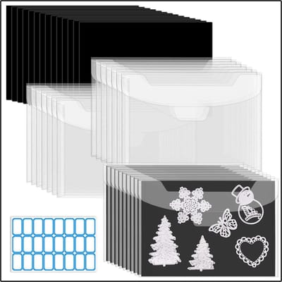 24 stuks Grote opbergset voor stempels en mallen - Inclusief 24 opbergzakjes, 24 magneetvellen en 48 stickers - Geschikt voor kunst, knutselen en scrapbooking - Wit, Zwart