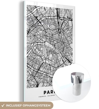 MuchoWow® Glasschilderij 120x180 cm - Schilderij acrylglas - Kaart - Stadskaart - Parijs - Plattegrond - Frankrijk - Foto op glas - Schilderijen