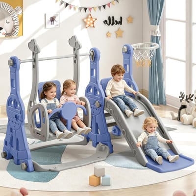 Glijbaan met Schommel - Speeltoestel Peuters - Buiten Spelen - 4-in-1 Multifunctioneel - 140 x 118 x 82 cm - Blauw