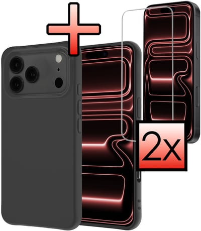 Hoesje - Met 2x Screenprotector - Geschikt voor Apple iPhone 17 Pro - Sterk & Shockproof - Back Cover - Siliconen Case - Telefoon Hoes - Zwart