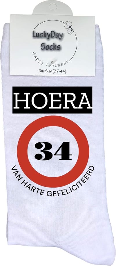 34 jaar Sokken - Gefeliciteerd - Jarig - Verjaardag - Grappige cadeau - Cadeau voor vrouw man - Kado - Verjaardags sokken - Verjaardags cadeau - Sokken waar je vrolijk van wordt - Maat 37-44