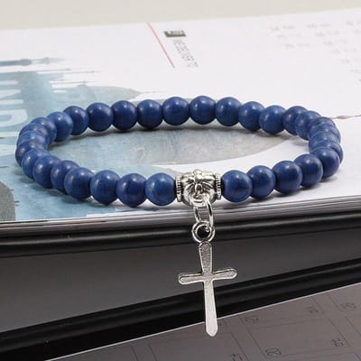 Kralen Armband met Kruisje - Bijoux - Blauw - Armbanden Heren Dames Kruis - Papa Cadeau Voor Mannen - Vaderdag