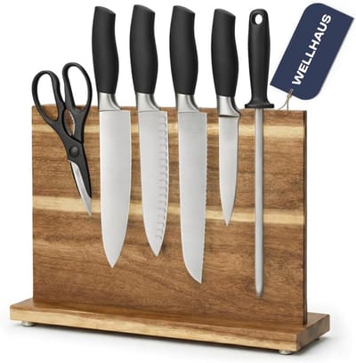 Thijox - Magnetisch Messenblok van Acaciahout - Dubbelzijdige Messenhouder zonder Messen - Antislip, Ruimtebesparend, 32 x 29 x 11 cm - Ideaal voor de