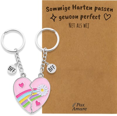 BFF Sleutelhanger voor 2 'Sommige harten passen perfect' - Roze Hartje met Bloem - Sleutelhanger set op Cadeau Kaartje - Zilverkleurig - Vriendschap Symbool - Pax Amare