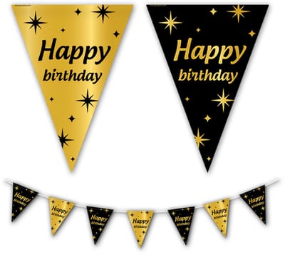 BTH - Slingers - Happy Birthday - Goud en Zwart - Slingers Verjaardag - Vlaggenlijn - Verjaardag Versiering - Verjaardag