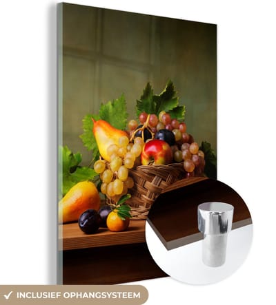 MuchoWow® Glasschilderij 120x160 cm - Schilderij acrylglas - Rustiek - Mand - Fruit - Stilleven - Foto op glas - Schilderijen