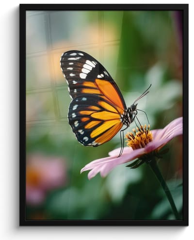 Poster in lijst - Fotolijst 50x70 cm - Posters - Roze bloemen - Vlinder - Zachte focus - Posterlijst zwart - Decoratie - Wanddecoratie woonkamer - Muurdecoratie slaapkamer