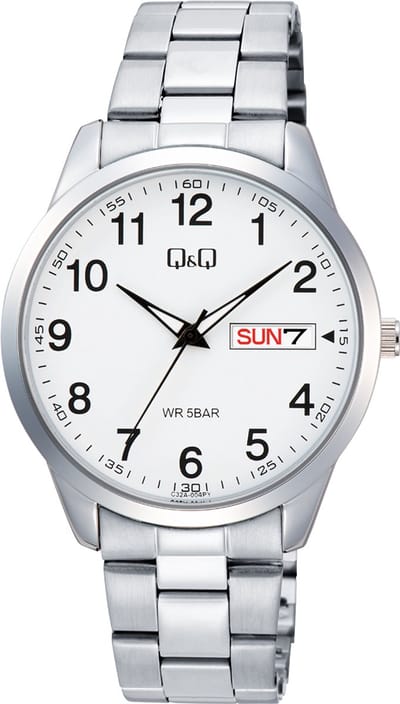 Q&Q-model c32a-004py-Herenhorloge-dagaanduiding- datum aanduiding-duidelijke wijzerplaat-5 bar waterdicht-diameter 42 mm-zilverkleurig