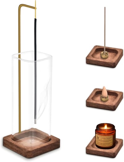 Famanu - Houten wierookhouder met glazen asvanger, modern design tegen asverspreiding, ideaal voor yoga en meditatie