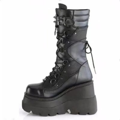 Platform Biker Laarzen Spice Girl Middelhoge Vetersluiting Zwarte Ridder Laarzen voor Vrouwen 42 gray