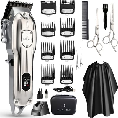 Revahs Tondeuse, Baardtrimmer & Haartrimmer voor Mannen - Hoofdhaar en Baard - Draadloze Trimmer & Hair Clipper - Kappersset en Barber Set met 8 Opzetkammen - Incl. Kappersschaar & Kappersmantel - 7200 RPM - Keramische Messen - 180 Min - Two Pro-3