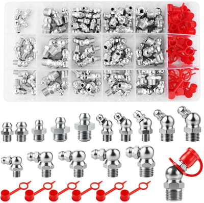 Dailygoods- Smeernippel Assortiment Kit 134 Stuks - Hydraulische Vetnippel - M1/8 M1/4 M6 M8 M10 - Rechte/Schuine 45°/90°/180° - Inclusief Opbergdoos - Geschikt voor Auto's/Boten/Tractoren
