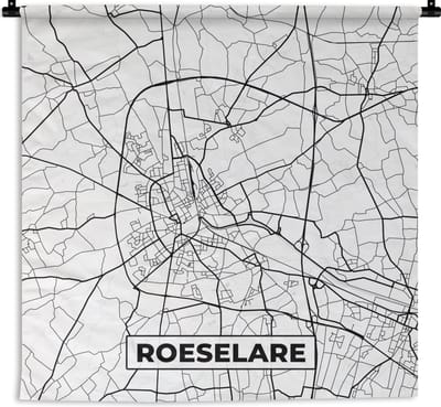 Wandkleed - Wanddoek - Stadskaart – Zwart Wit - Kaart – Roeselare – België – Plattegrond - 180x180 cm - Wandtapijt