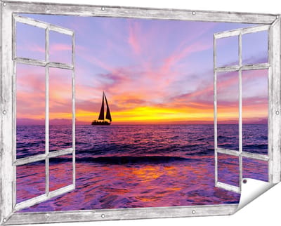 Gards Tuinposter Doorkijk Zeilboot Silhouet bij Zonsondergang - 150x100 cm - Tuindoek - Tuindecoratie - Wanddecoratie buiten - Tuinschilderij