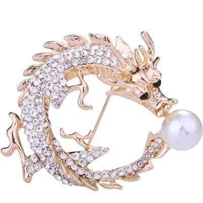 Broche dragon chinois à la mode pleine de strass, badge de revers d'animal en perle, médaille pour hommes, accessoires de vêtements, cadeaux pour hommes white