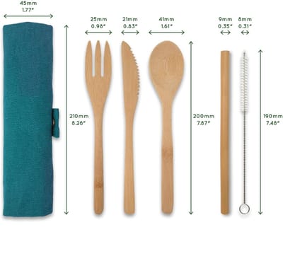Famanu - Bamboe Bestek Set | Reisbestek | Tafelgerei | Mes, Vork, Lepel en Rietje | Houten Bestek Set | Bamboe Eetgerei | Camping Bestek Set met Opbergzakje | 20 cm | Lagune