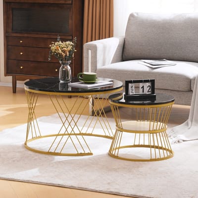 REDOM Salontafel set van 2 70x70x47 cm & 45x45x40 cm, MDF met marmoreffect en metalen frame