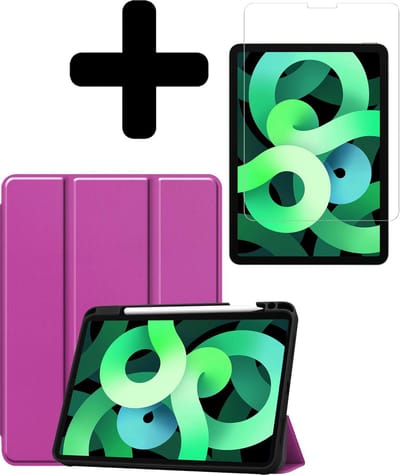Hoes - Geschikt voor Apple iPad Air 4 (2020) - 10.9 inch - 4e Generatie - Met Screenprotector - Trifold Bookcase - Hard Cover Case - Met Uitsparing Geschikt voor Apple Pencil - Hardcover Book - Tablet Hoesje - Paars