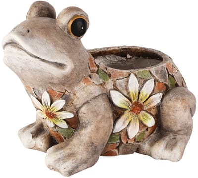 Dekoratief | Bloempot kikker m/bloemen, grijs, magnesium, 33x27x25cm | A260531