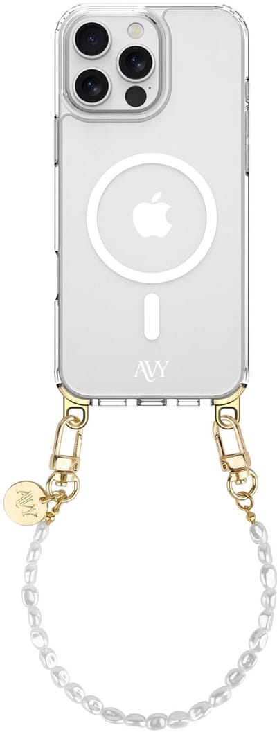 AVY Hoesje geschikt voor Apple iPhone 16 Pro | Compatibel met MagSafe | Clear Case met Telefoonkoord 30CM | Polsband Perla Chic