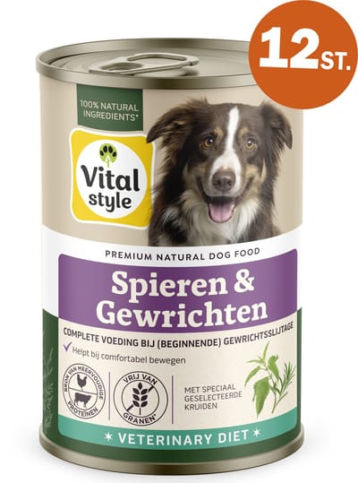 VITALstyle Hond Spieren & Gewrichten - Natvoer - Voor Het Behoud Van Een Goede Mobiliteit - Met o.a. Zalmolie & Glucosamine - 12 x 400 g