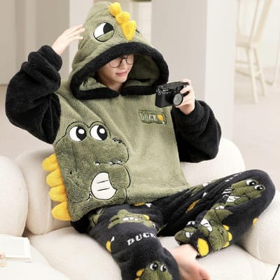 Herfst en Winter Warme Flanel Heren Pyjama Set Lange Mouwen Broek Tweedelige Set Leuke Zachte Huiskleding Grote Jongenskleding XL gray